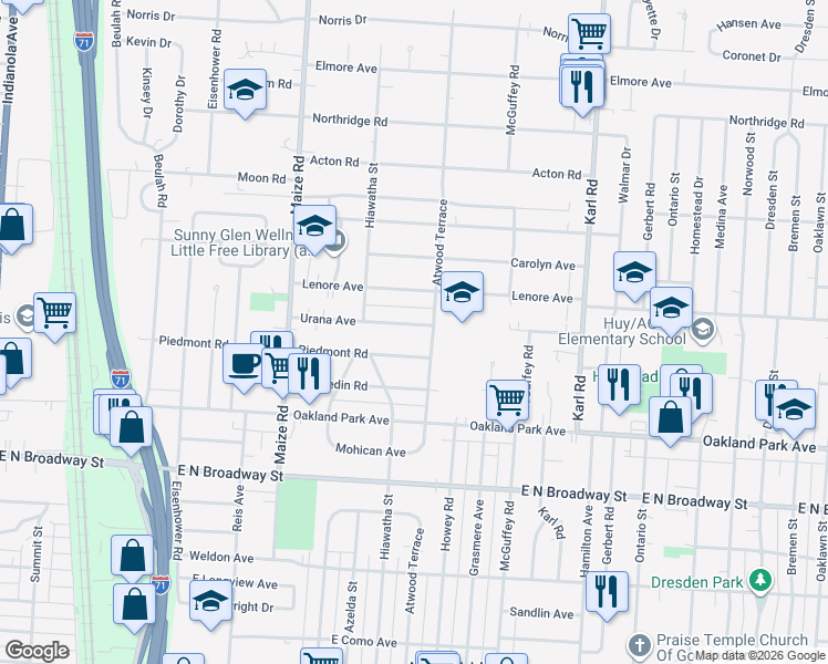map of restaurants, bars, coffee shops, grocery stores, and more near 1117 Urana Avenue in Columbus