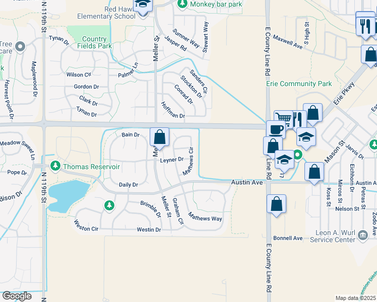 map of restaurants, bars, coffee shops, grocery stores, and more near 1354 Avgare Way in Erie