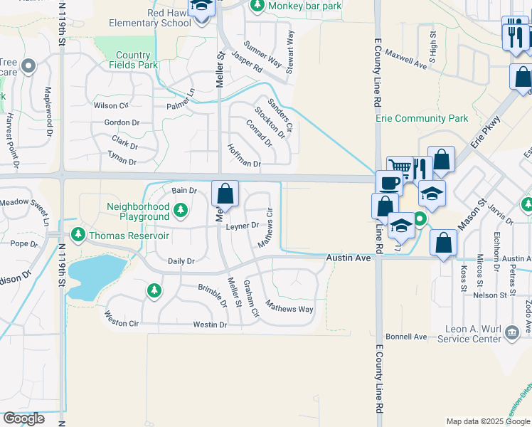 map of restaurants, bars, coffee shops, grocery stores, and more near 1354 Avgare Way in Erie