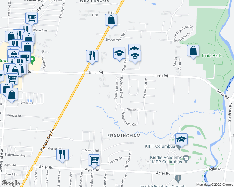 map of restaurants, bars, coffee shops, grocery stores, and more near 3284 Deserette Lane in Columbus