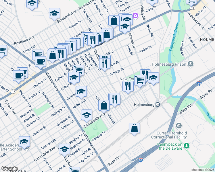 map of restaurants, bars, coffee shops, grocery stores, and more near 4501 Marple Street in Philadelphia