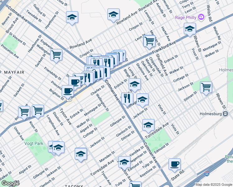 map of restaurants, bars, coffee shops, grocery stores, and more near 4225 Pennsylvania 73 in Philadelphia