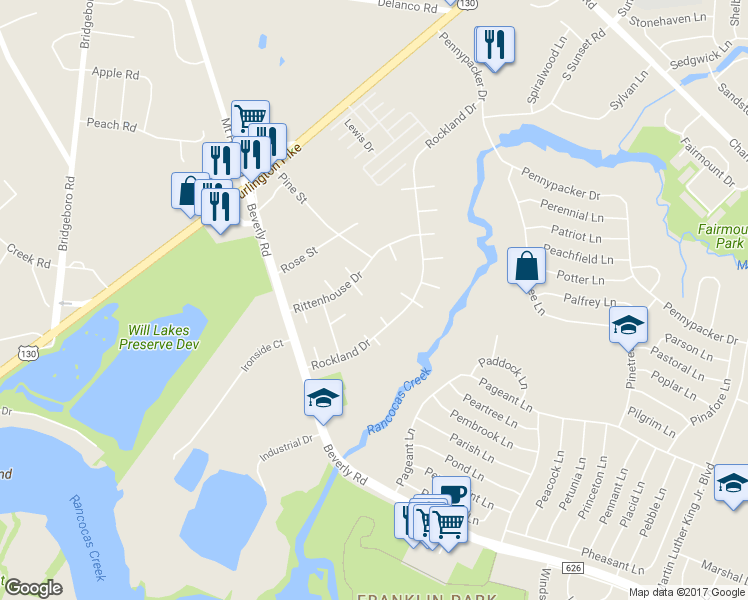 map of restaurants, bars, coffee shops, grocery stores, and more near 11 Roberts Place in Willingboro