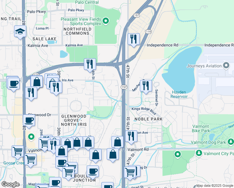 map of restaurants, bars, coffee shops, grocery stores, and more near 3865 Talisman Place in Boulder
