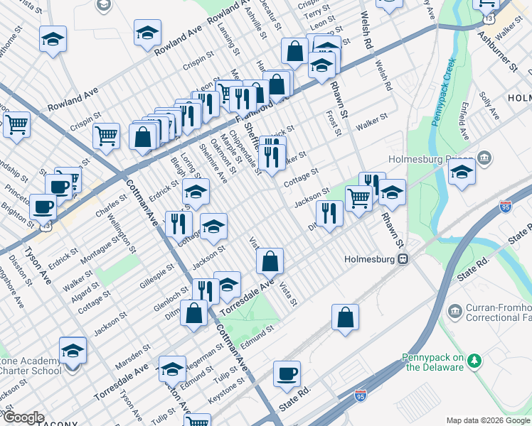 map of restaurants, bars, coffee shops, grocery stores, and more near 4501 Marple Street in Philadelphia