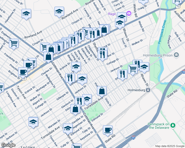 map of restaurants, bars, coffee shops, grocery stores, and more near 4425 Shelmire Avenue in Philadelphia