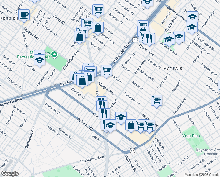 map of restaurants, bars, coffee shops, grocery stores, and more near 2814 Fanshawe Street in Philadelphia