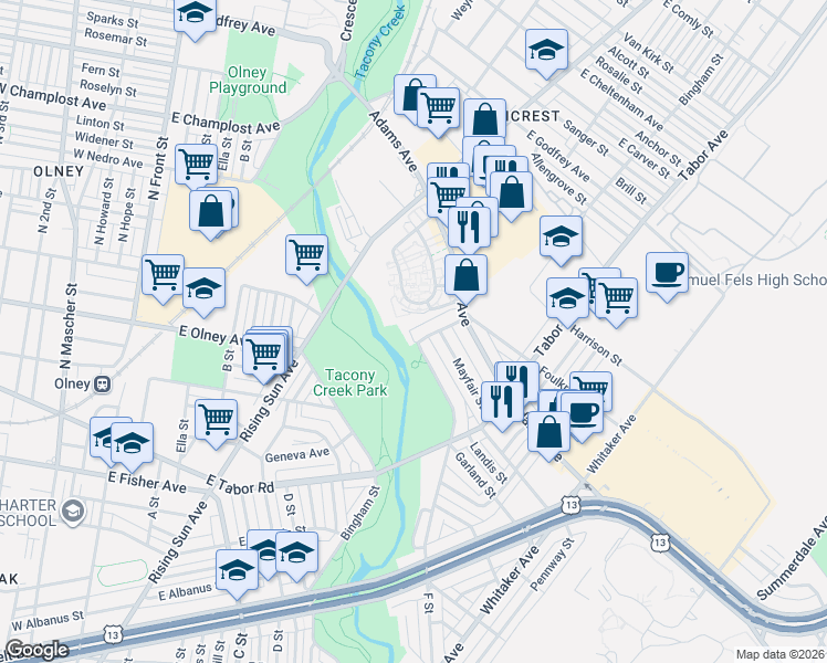 map of restaurants, bars, coffee shops, grocery stores, and more near 5400 Bingham Street in Philadelphia