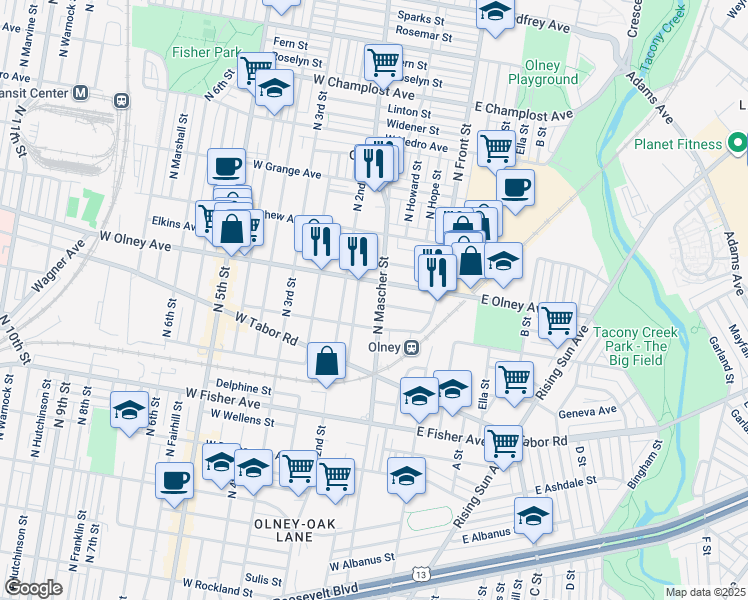 map of restaurants, bars, coffee shops, grocery stores, and more near 5523 North Palethorp Street in Philadelphia