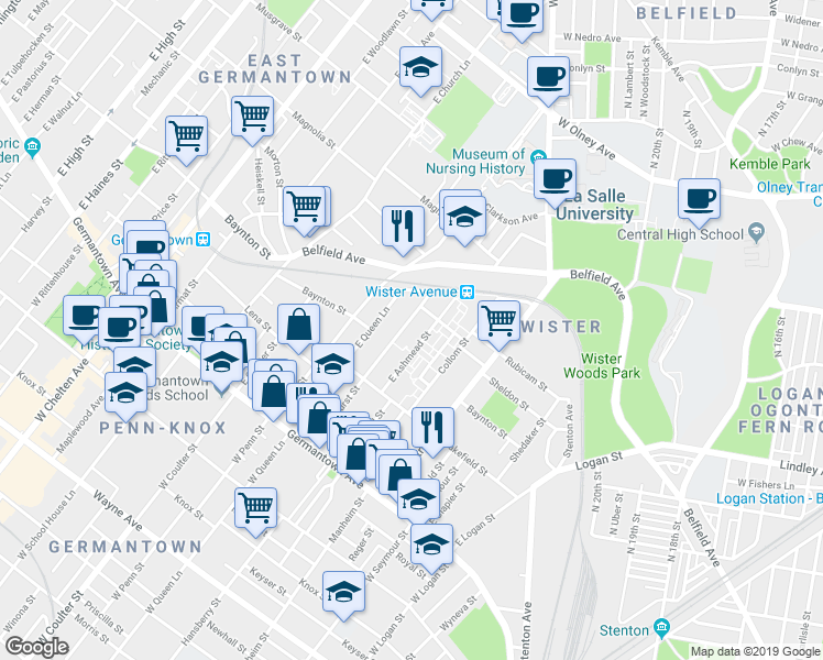 map of restaurants, bars, coffee shops, grocery stores, and more near 295 East Ashmead Street in Philadelphia
