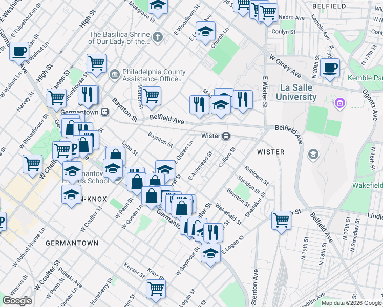 map of restaurants, bars, coffee shops, grocery stores, and more near 252 East Queen Lane in Philadelphia