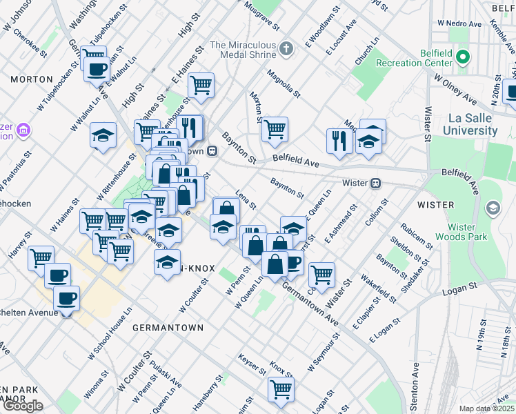 map of restaurants, bars, coffee shops, grocery stores, and more near 5414 Lena Street in Philadelphia