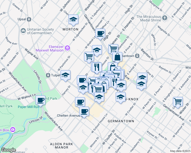 map of restaurants, bars, coffee shops, grocery stores, and more near 5810 Greene Street in Philadelphia