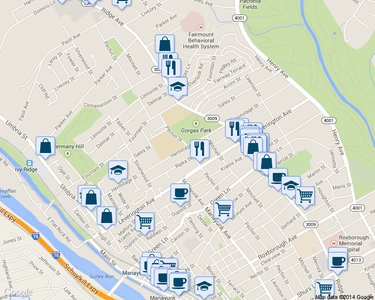 map of restaurants, bars, coffee shops, grocery stores, and more near 399 Hermitage Street in Philadelphia