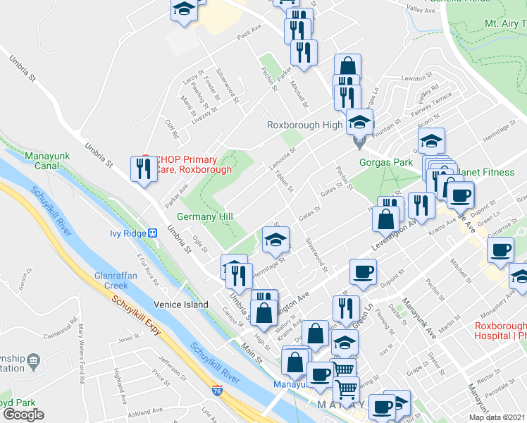 map of restaurants, bars, coffee shops, grocery stores, and more near 244 Fountain Street in Philadelphia