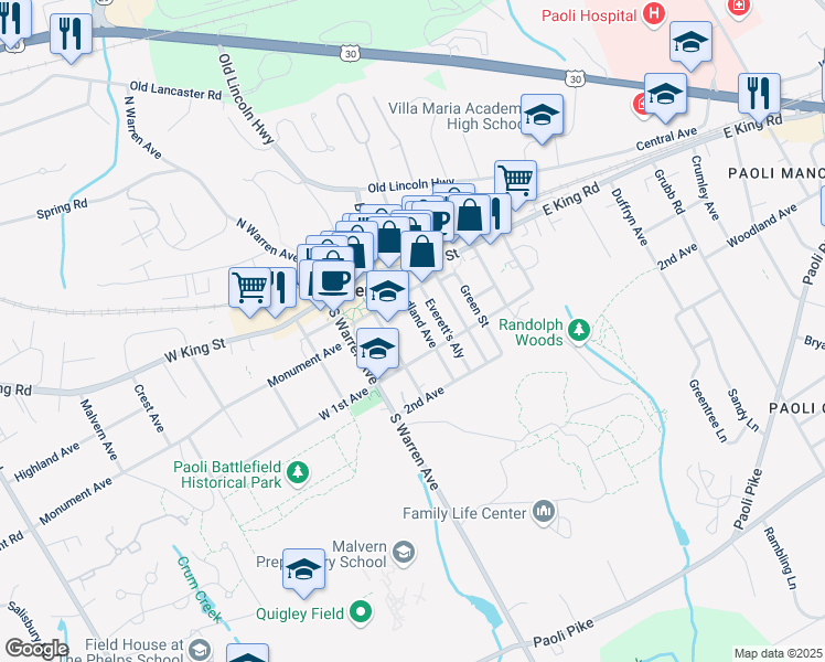map of restaurants, bars, coffee shops, grocery stores, and more near 130 Woodland Avenue in Malvern