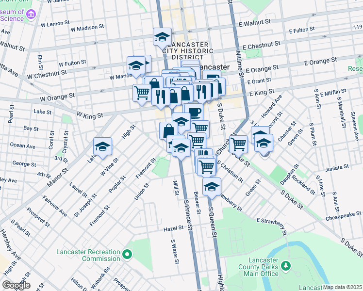 map of restaurants, bars, coffee shops, grocery stores, and more near 37 West Farnum Street in Lancaster