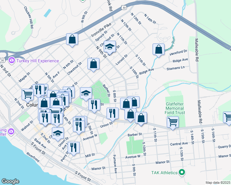 map of restaurants, bars, coffee shops, grocery stores, and more near 137 South 8th Street in Columbia