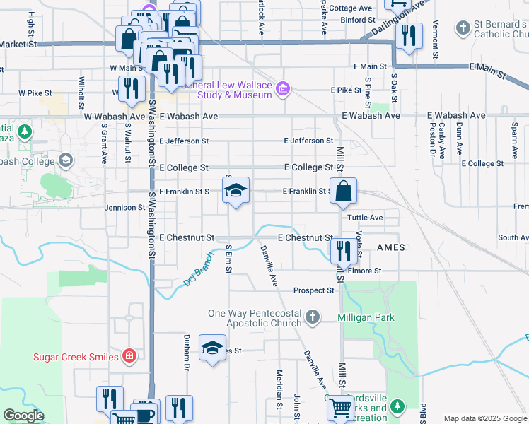map of restaurants, bars, coffee shops, grocery stores, and more near 612 Wallace Avenue in Crawfordsville