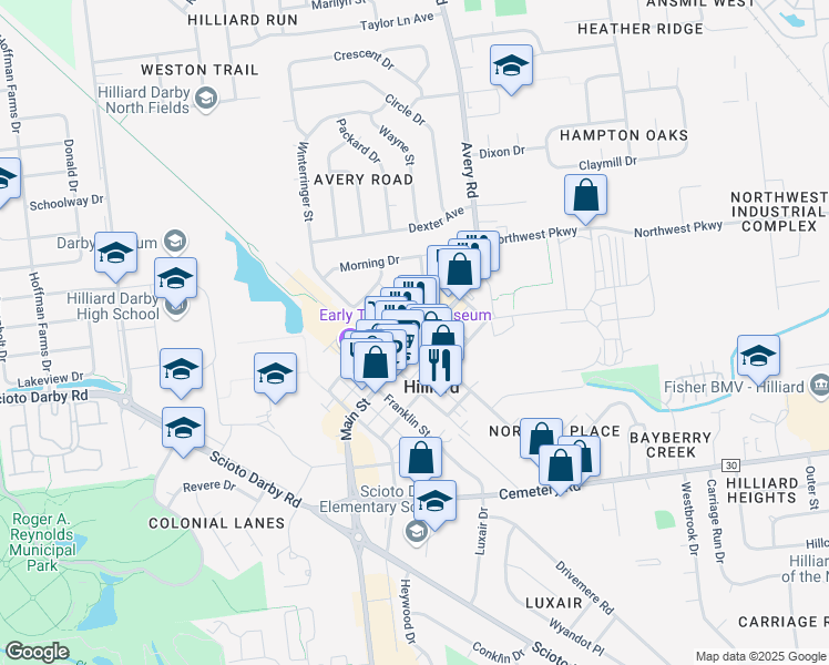 map of restaurants, bars, coffee shops, grocery stores, and more near 4065 Main Street in Hilliard
