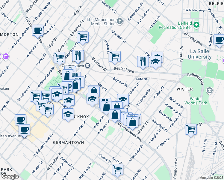 map of restaurants, bars, coffee shops, grocery stores, and more near 5338 Wakefield Street in Philadelphia