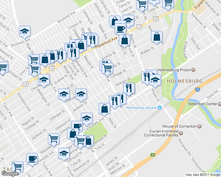 map of restaurants, bars, coffee shops, grocery stores, and more near 4506 Sheffield St in Philadelphia