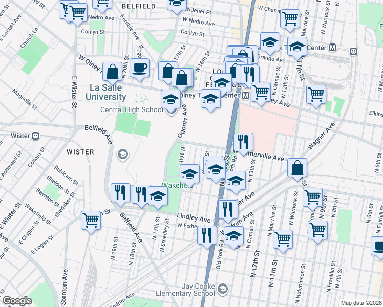 map of restaurants, bars, coffee shops, grocery stores, and more near 5344 North Sydenham Street in Philadelphia