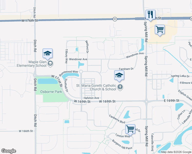 map of restaurants, bars, coffee shops, grocery stores, and more near 17119 Stroud Lane in Westfield