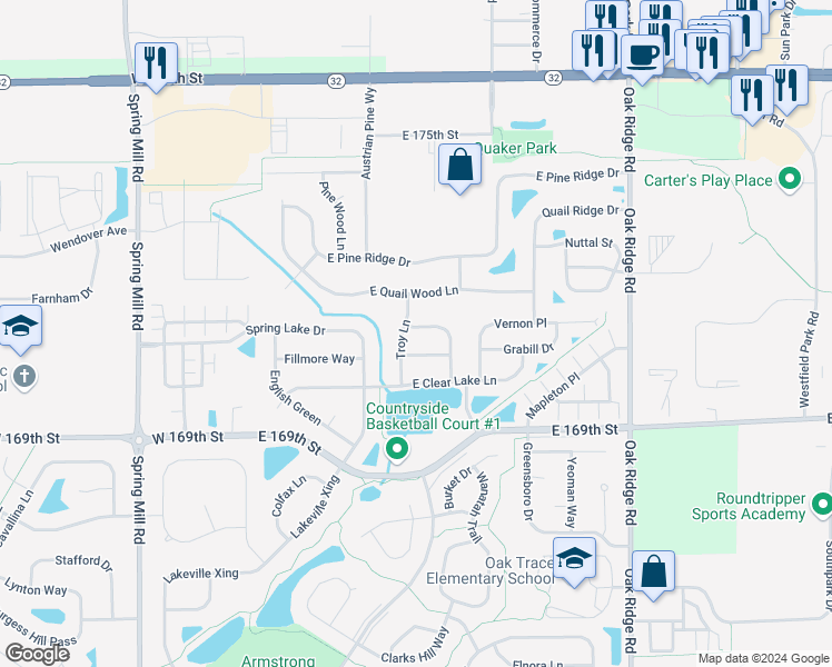 map of restaurants, bars, coffee shops, grocery stores, and more near 17086 Newberry Lane in Westfield