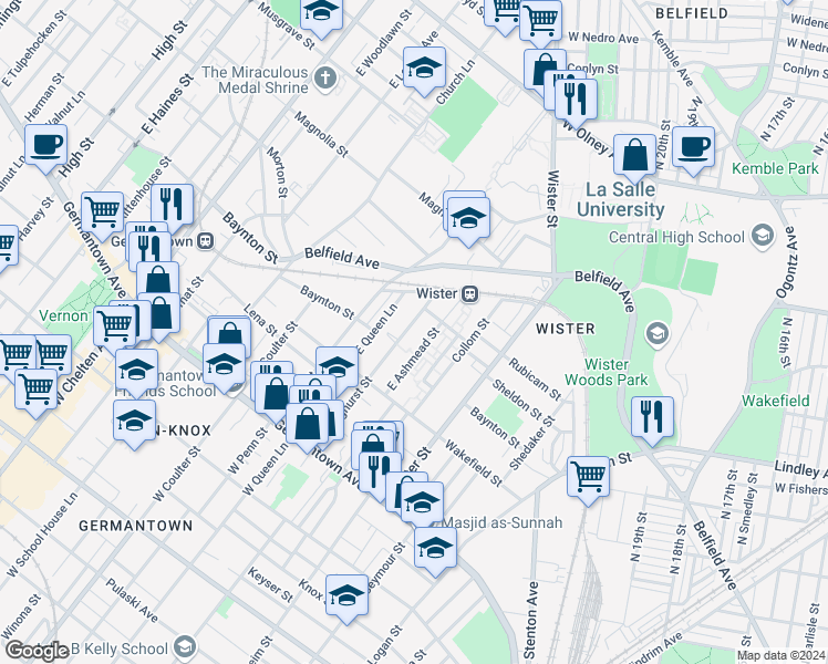 map of restaurants, bars, coffee shops, grocery stores, and more near 295 East Ashmead Street in Philadelphia