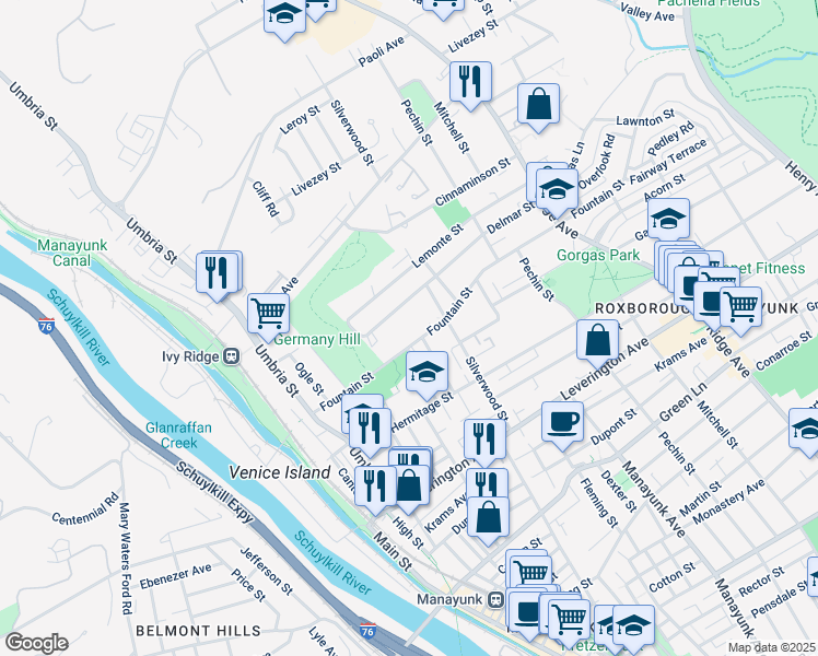map of restaurants, bars, coffee shops, grocery stores, and more near 244 Fountain Street in Philadelphia