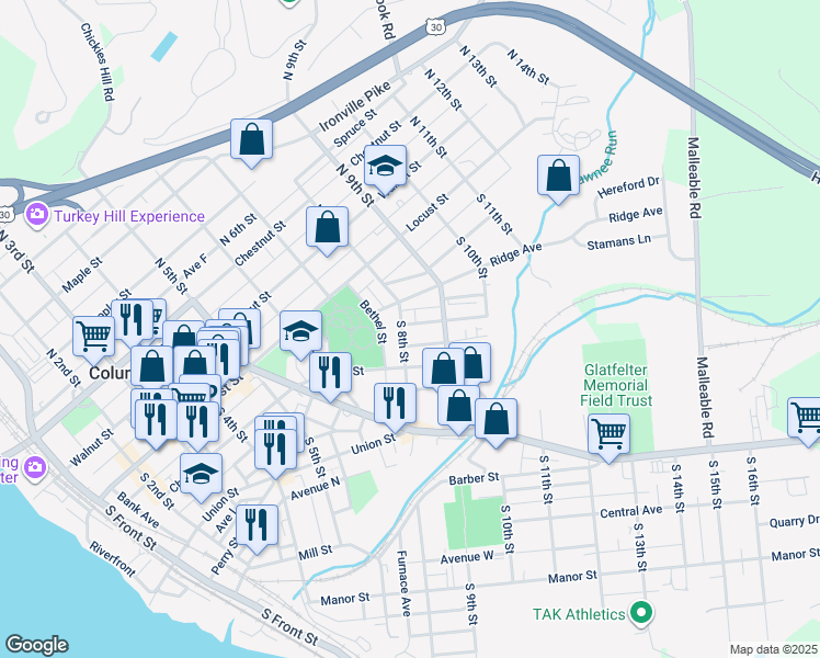 map of restaurants, bars, coffee shops, grocery stores, and more near 137 South 8th Street in Columbia