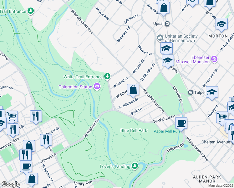 map of restaurants, bars, coffee shops, grocery stores, and more near 1025 West Cliveden Street in Philadelphia