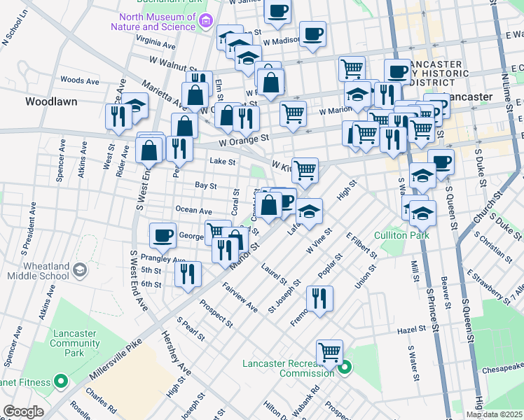 map of restaurants, bars, coffee shops, grocery stores, and more near 35 Caroline Street in Lancaster