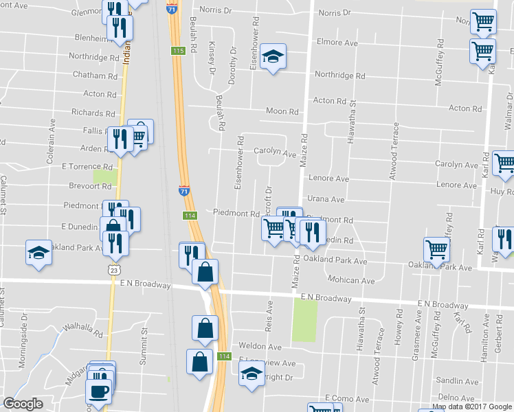 map of restaurants, bars, coffee shops, grocery stores, and more near 3430 Kimberly Avenue in Columbus