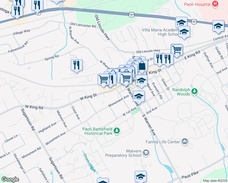 map of restaurants, bars, coffee shops, grocery stores, and more near in Chester County