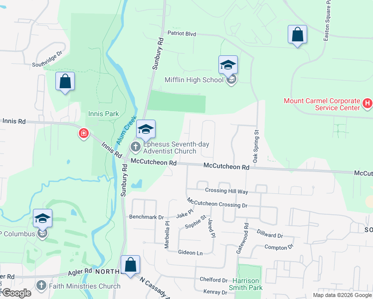 map of restaurants, bars, coffee shops, grocery stores, and more near 3122 Mccutcheon Place in Columbus