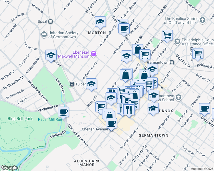 map of restaurants, bars, coffee shops, grocery stores, and more near 256 Harvey Street in Philadelphia