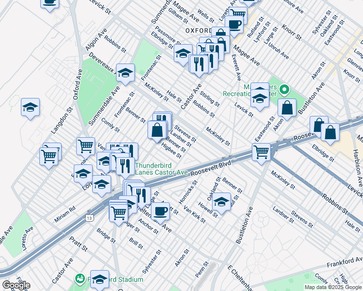 map of restaurants, bars, coffee shops, grocery stores, and more near 1430 Lardner Street in Philadelphia