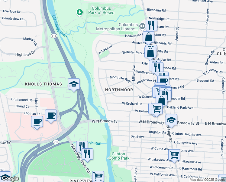 map of restaurants, bars, coffee shops, grocery stores, and more near 240 Northmoor Pl in Columbus