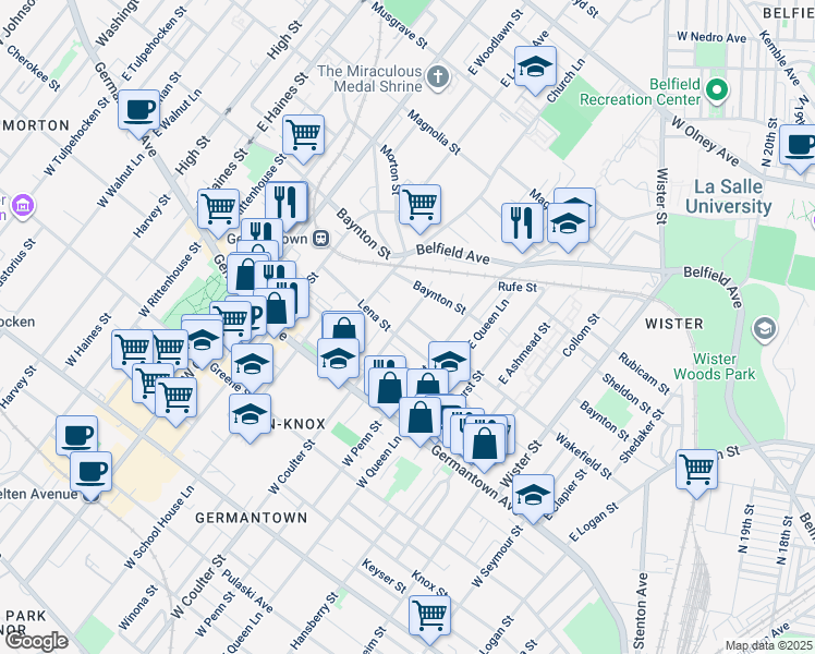 map of restaurants, bars, coffee shops, grocery stores, and more near 5338 Wakefield Street in Philadelphia