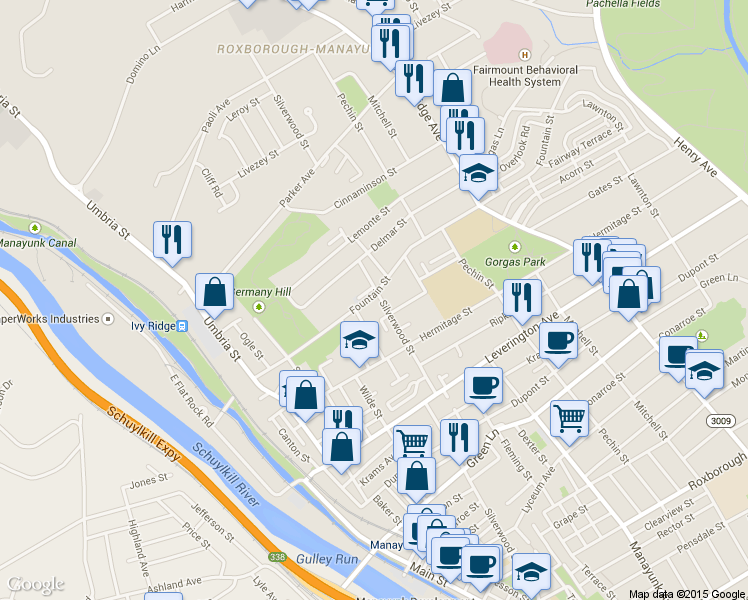 map of restaurants, bars, coffee shops, grocery stores, and more near 4794 Silverwood Street in Philadelphia