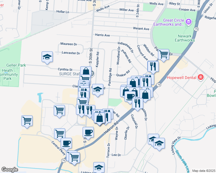 map of restaurants, bars, coffee shops, grocery stores, and more near 631 Partridge Road in Heath