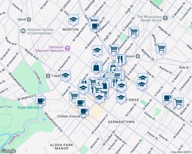 map of restaurants, bars, coffee shops, grocery stores, and more near 5810 Greene Street in Philadelphia