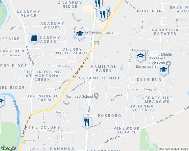 map of restaurants, bars, coffee shops, grocery stores, and more near 454 Thorburn Place in Columbus