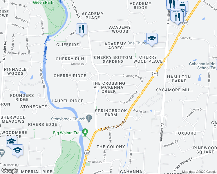 map of restaurants, bars, coffee shops, grocery stores, and more near 682 Crossing Creek South in Columbus