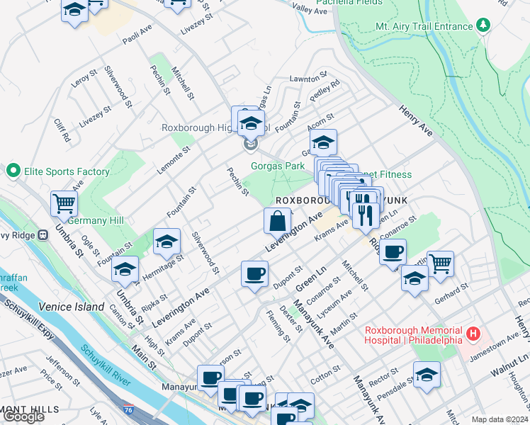 map of restaurants, bars, coffee shops, grocery stores, and more near 399 Hermitage Street in Philadelphia