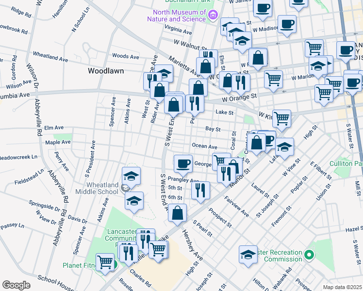 map of restaurants, bars, coffee shops, grocery stores, and more near 822 Ocean Ave in Lancaster