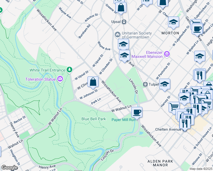 map of restaurants, bars, coffee shops, grocery stores, and more near Wissahickon Avenue & West Johnson Street in Philadelphia