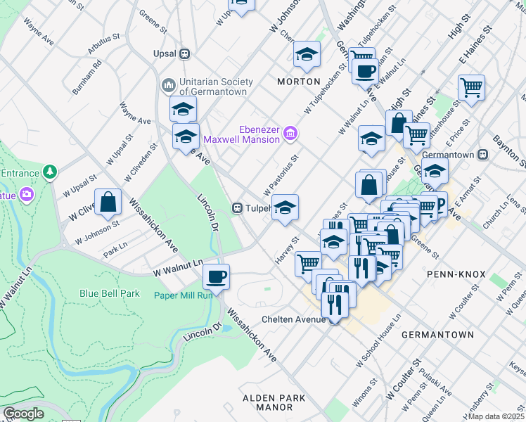 map of restaurants, bars, coffee shops, grocery stores, and more near 6152 Wayne Avenue in Philadelphia
